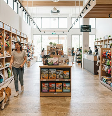 Sunlit pet emporium retail aisles